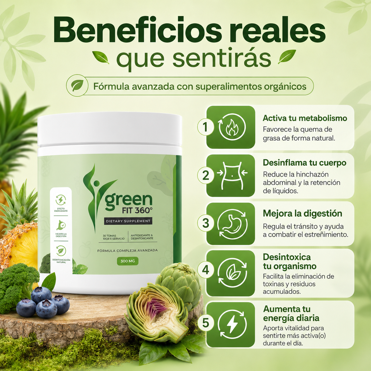 GREEN FIT 360 - DETOX NATURAL EN POLVO | 300 G · 30 TOMAS